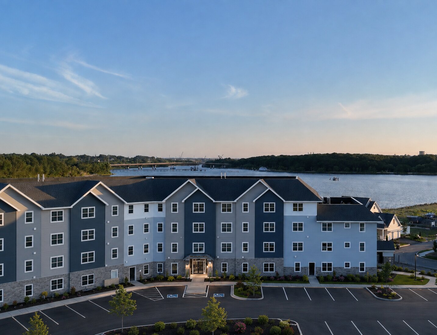 Aerial view of The Apartments at East Point with the Seekonk River behind