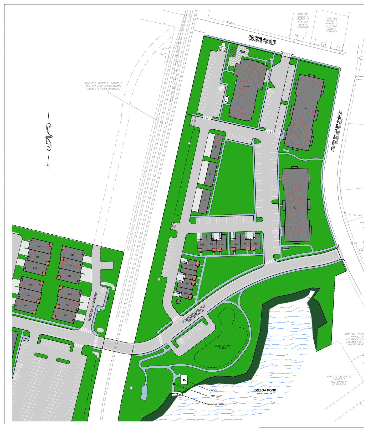 Annotated site plan of the Omega Pond side of East Point